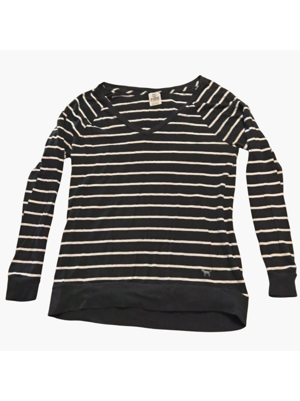 Victorias Secret Pink Long Sleeve V Neck Shirt Black White Striped Size XS